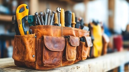 Full leather tool belt overflowing with assorted tools