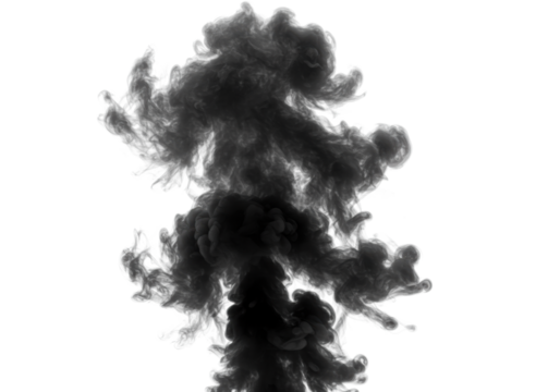 Dense, dark black and grey smoke cloud with intricate swirling textures, ominous and substantial, isolated centrally on a transparent background with copy space. Concept of environmental pollution