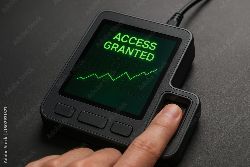 Poster access granted approval and secure transaction rely on fingerprint device scan for trusted security