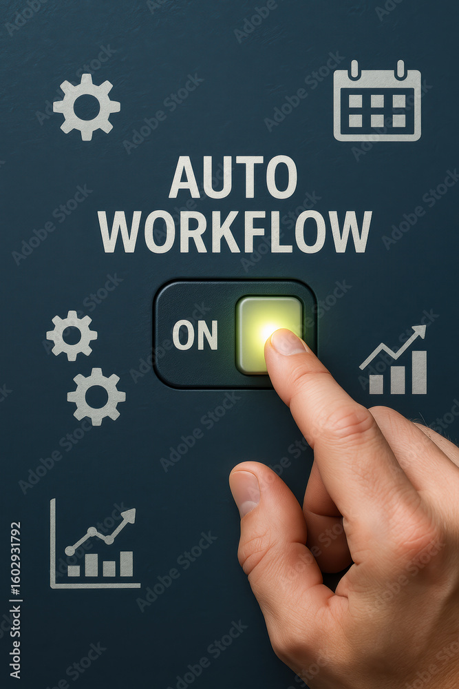 Poster auto workflow automation process productivity control helps operate switch with glowing hand touch a