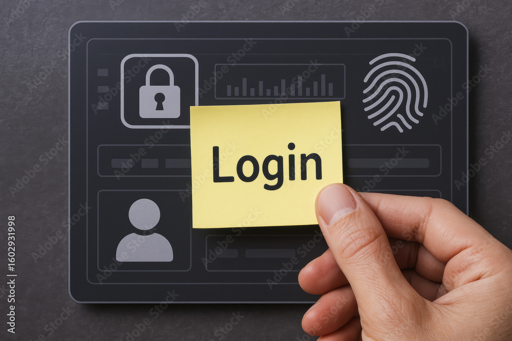 Poster login prompts security access with identity authentication on digital technology interface panel
