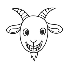 Fototapeta premium Smiling cartoon goat head with curved horns and goatee line art – stock vector icon in line style