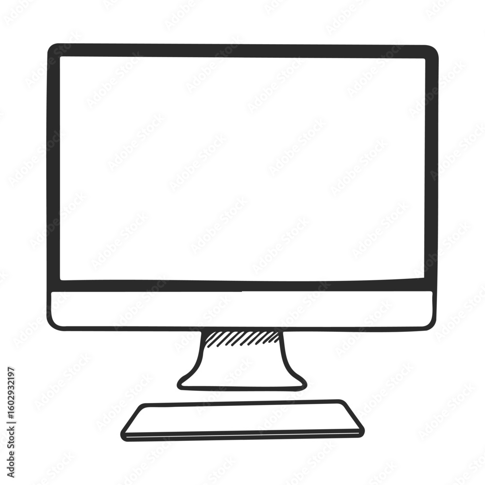 Poster black and white sketch of a desktop computer monitor with stand – stock vector icon in line style