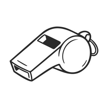Black and white line drawing of a whistle on white background for sports and coaching design &ndash; stock vector icon in line style