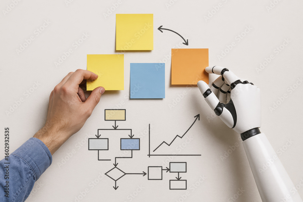 Poster arrow and symbols guide workflow collaboration with innovation graph chart and planning concepts