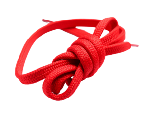 red shoe laces with a knot against white background