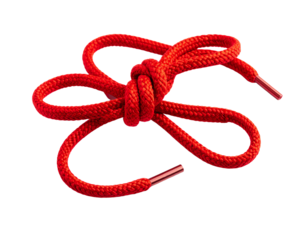 red shoe laces with a knot against white background