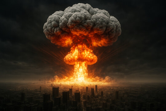Bright nuclear mushroom cloud erupts over sprawling cityscape with intense orange glow and devastating blast wave at dusk on hiroshima day