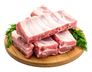 Fototapeta premium raw meat : boned fresh ribs served with dill and green chives on wooden board isolated over white background