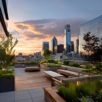 Stylish rooftop lounge overlooking Philadelphia skyline at sunset for modern urban living concepts