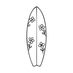 Illustrated surfboard with floral patterns and black outline &ndash; stock vector icon in line style