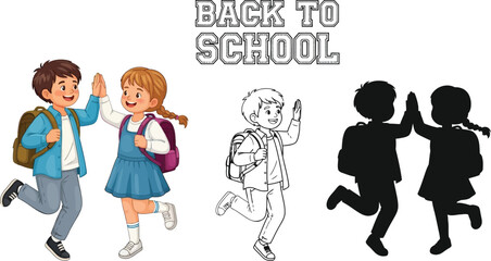 Back to school illustration of kids doing high five with backpack and school supplies