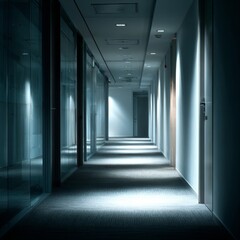 Dimly Lit Office Hallway with Glass Partitions and Modern Design