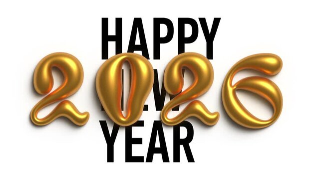 Horizontal 4K video. Black text Happy New Year on white background. Gold shiny bright shining hand drawn 3D numbers 2026 falling. Volumetric letter. Liquid bold font. Animation for winter holiday