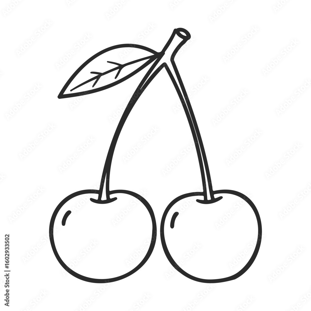 Wall mural outline drawing of two cherries with leaf on stem – stock vector icon in line style