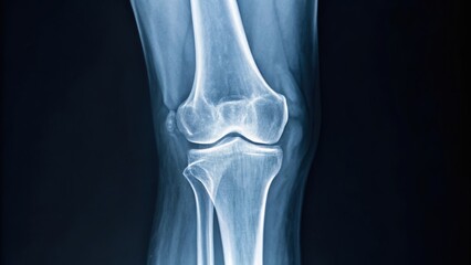 X-ray image of a human knee joint, highlighting the bone structure and surrounding tissues.