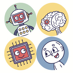 Cute Robot Brain Chip and Person Icons.