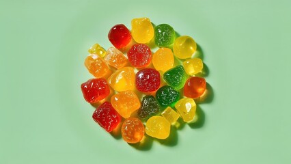 Alcohol Gummies. Colorful gummy bears assorted stacked on green backgr