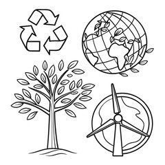 Ecofriendly symbols recycling globe wind turbine leaves.