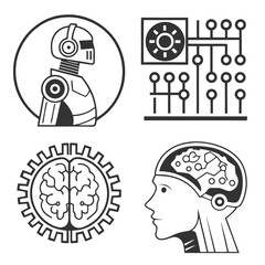 Futuristic Robot and Brain Technology Icons.