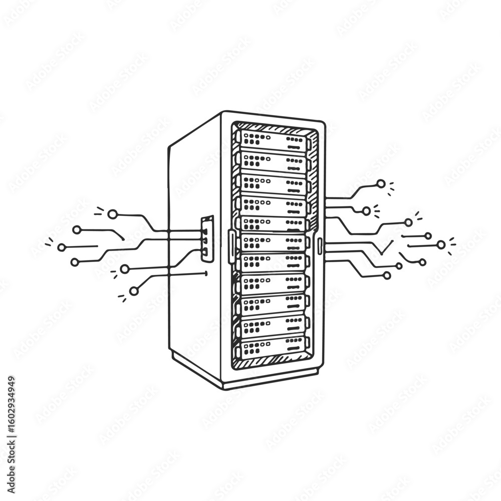 Poster hand-drawn server rack with circuit connections in monochrome design – stock vector icon in line sty