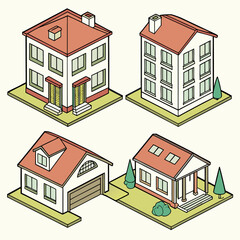Isometric Collection of Diverse Residential Houses.