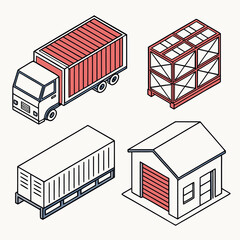 Isometric illustration of logistics and storage elements.
