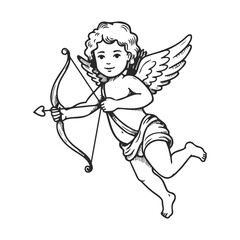 Fototapeta premium Cupid illustration: winged child with bow and arrow – stock vector icon in line style