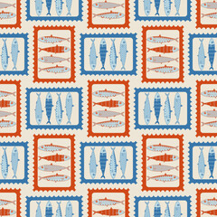 Obraz premium Vector hand-drawn seamless pattern with sardines. Perfect for wrapping paper, packaging, fabric, and textile design. Mediterranean summer-inspired background.