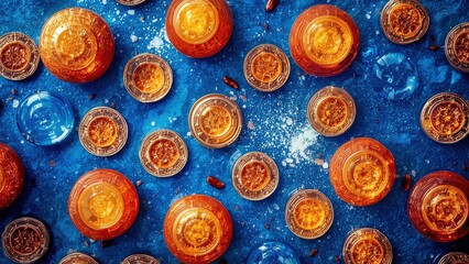 AntiInflammatory. Orange carrot slices blue water abstract background 