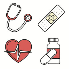 Medical Icons Stethoscope Heart Bandage Pills.