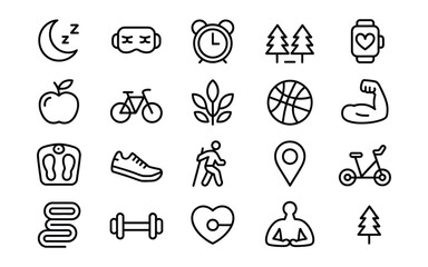 Fototapeta premium Health and Fitness Lifestyle Line Art Vector Icon Set - Sleep, Healthy Food, Exercise, Nature, Cycling, Weight Loss, Hiking, and Wellness Activities
