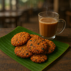 Kerala Parippu Vada on Banana Leaf with Steaming Hot Chai – Traditional South Indian Evening Snack