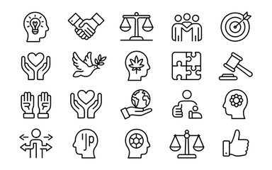 Fototapeta premium Human Rights and Social Justice Line Art Vector Icon Set - Idea, Handshake, Scales of Justice, Dove, Target, Compassion, Global, and Equality