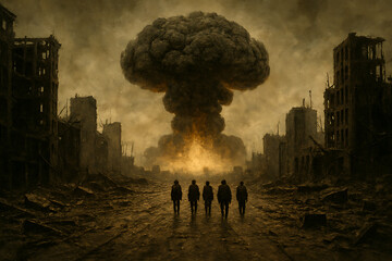 Group of survivors walk down ruined city street as huge nuclear cloud rises behind them under apocalyptic sky on hiroshima day