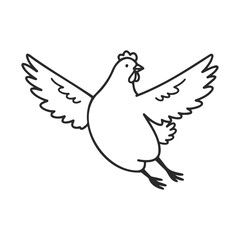 Fototapeta premium Black and white flying chicken drawing with open wings – stock vector icon in line style