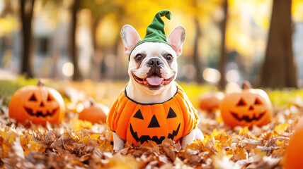 French bulldog in pumpkin costume surrounded by jack-o'-lanterns amid autumn leaves
