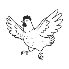 Fototapeta premium Black and white line drawing of a chicken with spread wings – stock vector icon in line style
