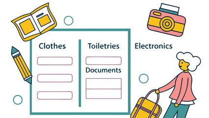 Illustration of a travel checklist with clothes toiletries electronics and documents categories shown clearly