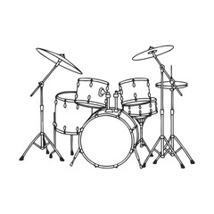 Black and white sketch of acoustic drum set with cymbals and stands – stock vector icon in line style