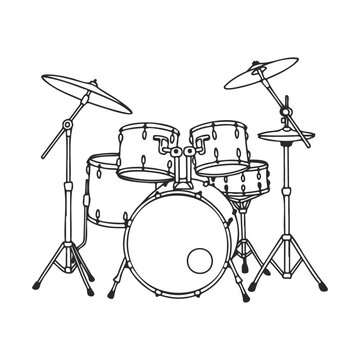 Minimalist black and white drum set illustration with cymbals and stands &ndash; stock vector icon in line style