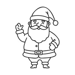 Obraz premium Black and white cartoon illustration of jolly santa waving – stock vector icon in line style