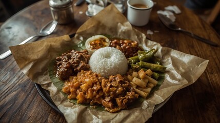 A modern-style beef rendang rice dish with sambal, vegetables, and perkedel, served with clean plating in café-style presentation.