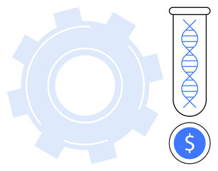 Gear symbolizes industry, DNA helix in test tube illustrates biotechnology, and dollar sign highlights economic investment. Ideal for science, research, economy, innovation, technology, medicine