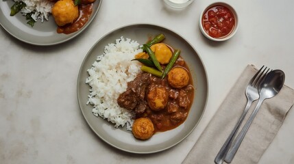 A modern-style beef rendang rice dish with sambal, vegetables, and perkedel, served with clean plating in café-style presentation.