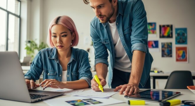 A man and a woman working on a laptop in a modern office with colorful artwork on the walls. - Powered by Adobe