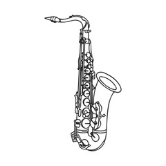 Detailed line drawing of musical saxophone on white background &ndash; stock vector icon in line style