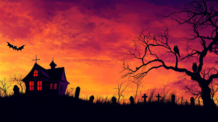Spooky halloween scene with haunted house and bats at sunset