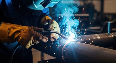 Hands of technician performing precise arc welding on pipeline segment.