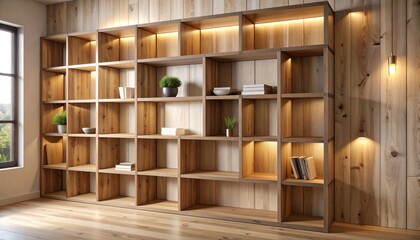 Interlocked cuboid shelf design with varied depth compartments, styled on rustic wall paneling with ambient warm lighting